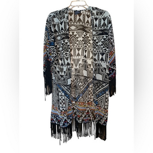 Angie Kimono Bohemian Aztec Fringe Festival Lagenlook Womens Size Small‎ Sheer